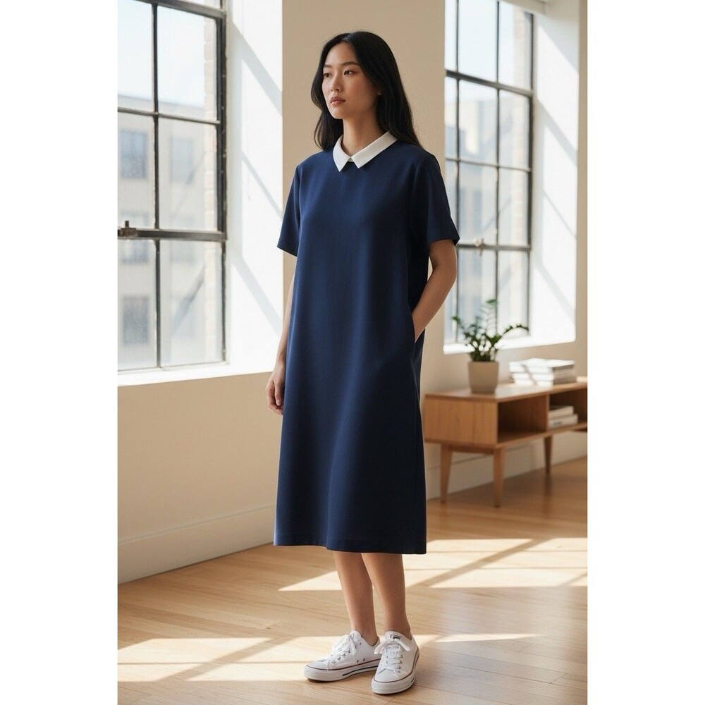 Zara Wednesday Adam Dress Size L Navy Blue White Peter Pan Collar A-line